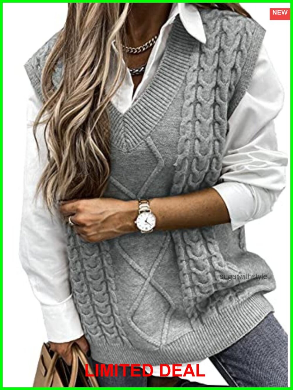 Oversized V Neck Sleeveless Cable Knit Sweater Vest